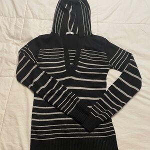 Stylish Black & Silver Striped Hooded Sweater – Cozy & Chic